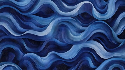 Poster - Abstract Wave Patterns in Deep Blue Tones, Flowing Lines with Smooth Curves and Textures for a Calming Visual Experience