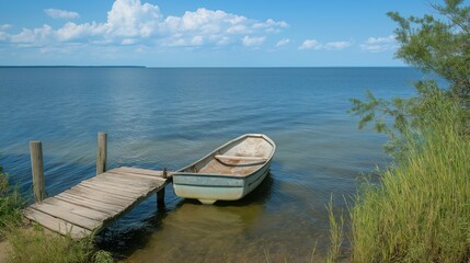 Naklejka na meble Weathered Boat Moored at Rustic Wooden Dock on a Summer Day