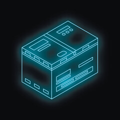 Poster - Neon blue isometric box glowing on dark background, representing online shopping, delivery and e commerce logistics
