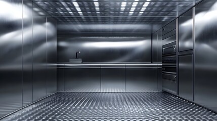 Fototapete - Minimalist and modern industrial interior design with a metallic grid ceiling concrete floor and clean sleek lines  The spacious and empty room creates a functional