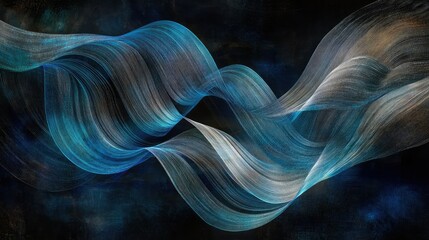 Poster - Abstract flowing waves of blue and gray light creating a harmonious pattern on a dark background, ideal for artistic and modern design projects.