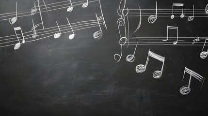 Aufkleber - Musical notes treble and bass clefs and other musical symbols on a vintage chalkboard or blackboard background  Creative vibe with an educational learning or musical performance concept