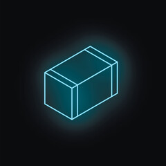 Poster - Neon glowing box representing futuristic product delivery or virtual package on a dark background