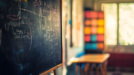Poster - Old Vintage Classroom Interior with Aged Chalkboard Wooden Desks and Textured Walls Showcasing the Academic Learning Environment and Education Concept