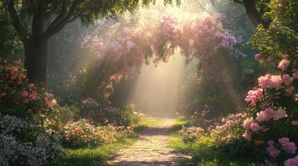 Wall Mural - Enchanted Rose Garden Path: A Dreamlike Sunrise