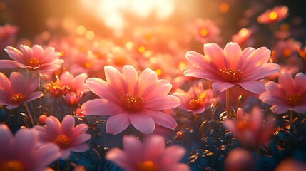 Wall Mural - Pink flowers sunset field, golden hour, nature background, idyllic scene, website design