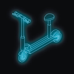 Poster - Neon glowing electric scooter with seat on black background represents modern transportation and urban mobility