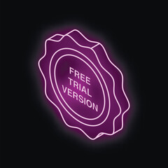 Poster - Neon isometric free trial version stamp glowing purple on black background
