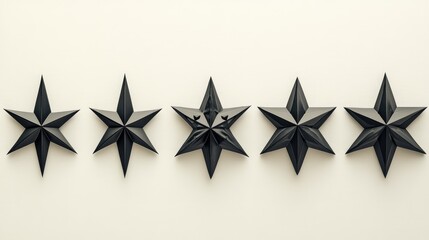 Poster - Aesthetic Arrangement of Five Black Three-Dimensional Stars on a Minimalistic Beige Background for Creative Design and Decoration Uses