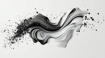 Poster - Abstract black and white fluid art with dynamic swirls and paint splashes on a light background, perfect for modern design, home decor, or artistic projects.