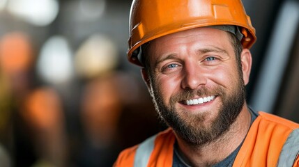 Poster - A smiling construction worker in an orange hard hat and safety vest, exuding confidence and positivity on the job site.