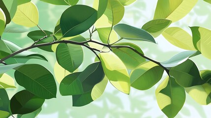 Poster - Lush green leaves on branch, sunlit, natural background, illustration