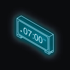 Poster - Isometric view of glowing neon blue digital alarm clock showing 7,00 am against black background