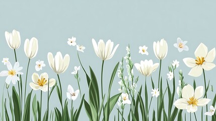 Poster - Floral border, white tulips and wildflowers, light blue background, design element, print, wallpaper
