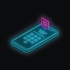 Poster - Glowing neon smartphone is showing delete notification icon in isometric view on black background
