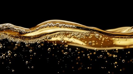 Poster - Shimmering Gold Liquid Wave with Bubbles Dancing in the Air Against a Dark Background, Ideal for Luxury and Celebration Themes in Visual Media
