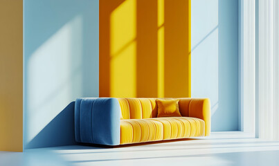 Poster - Minimalist living room with blue and mustard yellow sofa, empty space for text or product presentation mock-up background.