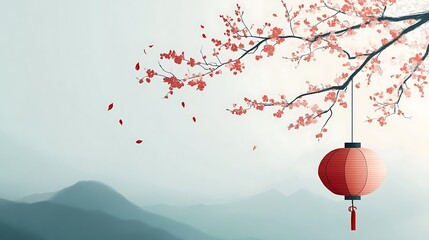 Poster - Cherry blossom branch with lantern, misty mountains, tranquil scene, for background use