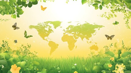 Aufkleber - World map in spring garden with butterflies, Nature, Peaceful