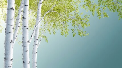 Poster - Birch trees with fresh spring leaves, light teal background. Potential use Nature background