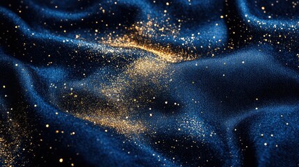 Poster - Shimmering Gold Dust on Rich Blue Fabric Creating an Elegant and Luxurious Textured Background for Creative and Stylish Projects and Designs