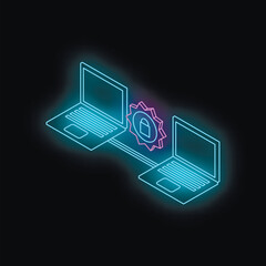 Poster - Neon isometric laptops sharing data through a secure connection symbolized by a padlock in a futuristic style