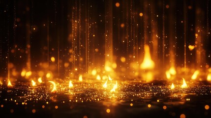 Poster - Glimmering Golden Flames Rise from a Shimmering Dark Surface, Creating an Ethereal Atmosphere of Light and Movement, Perfect for Conceptual Backgrounds and Fantasy Themes