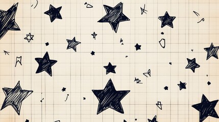 Poster - Hand-drawn black stars on a light grid background creating a whimsical and playful design, ideal for creative projects and graphic design applications.