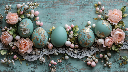 Wall Mural - Easter eggs in vintage lace style with flowers. Vintage Easter greeting card.