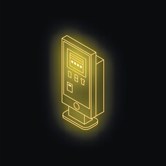 Poster - Glowing neon yellow payment terminal standing on dark background, isometric view