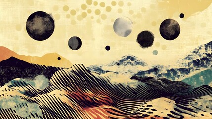 Wall Mural - Surreal Cosmic Landscape with Floating Planets and Atmospheric Mountains