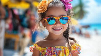 Wall Mural - A little girl in a colorful dress, smiling as she holds a new pair of sunglasses, standing near a vibrant market.