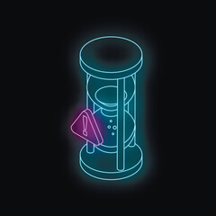 Poster - Glowing neon hourglass with attention sign, symbolizing urgency, deadline, and time management