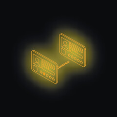 Poster - Glowing yellow customer review rating connecting with client profile, isometric vector illustration on dark background