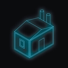 Poster - Neon blue glowing factory building emitting light in darkness, symbolizing industrial activity and manufacturing