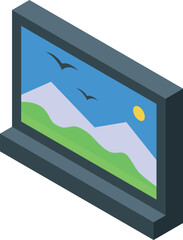 Poster - Isometric digital photo frame displaying a picturesque mountain landscape with birds soaring under a bright sun