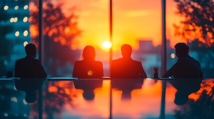 Aufkleber - Business meeting at sunset, silhouettes of people, modern office. Possible use stock photo