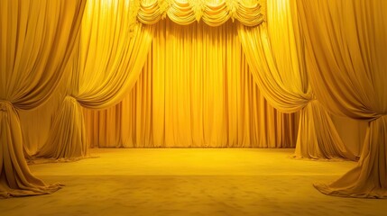 Wall Mural - Dramatic yellow stage setup with layered yellow curtains and a plush carpet, perfect for a theatrical vibe