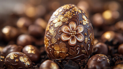 Wall Mural - Chocolate eggs painted with flowers on a golden background.