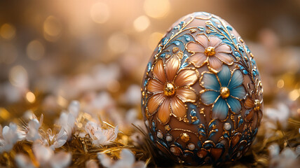 Wall Mural - Chocolate eggs painted with flowers on a golden background.