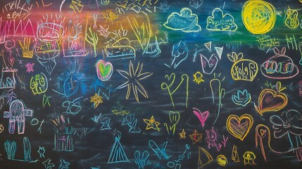 Poster - Vibrant chalkboard background with colorful chalk drawings doodles and creative sketches  education or school concept with abstract textured pattern