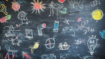 Poster - Vibrant chalkboard full of colorful doodles sketches and abstract symbols representing the creative brainstorming process visual thinking and imaginative expression