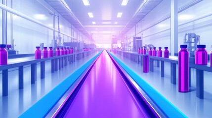 Poster - futuristic production line with vibrant bottles, showcasing a high-tech manufacturing process