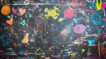 Poster - Vibrant colorful chalkboard filled with a chaotic free flowing display of whimsical doodles sketches and scribbles overflowing with creative energy and unbridled imagination  The abstract