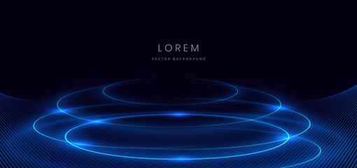 Poster - scene futuristic neon circles glowing blue light lines with on dark blue background and lighting spa