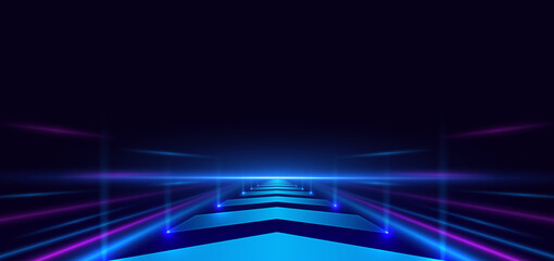 Wall Mural - Abstract futuristic glowing blue arrow neon light lines with speed motion moving on dark blue background.