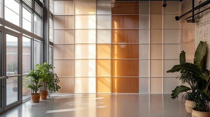 Sticker - Sunlit minimalist room, plants, textured glass wall.