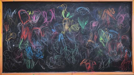 Poster - Vibrant dynamic and expressive chalk drawing on a chalkboard featuring abstract and whimsical patterns in a bold multicolored palette  The artwork captures a sense of energy creativity