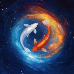 Poster - Mystical pisces painting of two fish swimming in a galaxy colorful art dreamy environment cosmic viewpoint