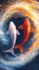 Poster - Mystical pisces painting of two fish swimming in a colorful galaxy digital art cosmic environment fantasy viewpoint